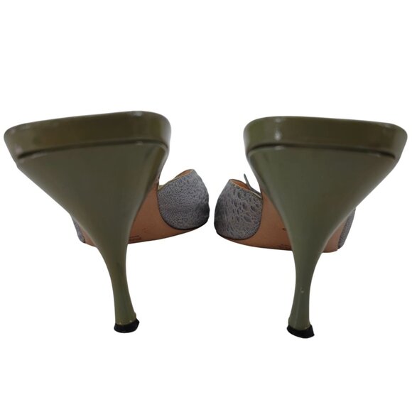 Vintage Prada Italy Designer Heels Grey Green Leather Womens 9 Mules Dress Shoes - Picture 6 of 14